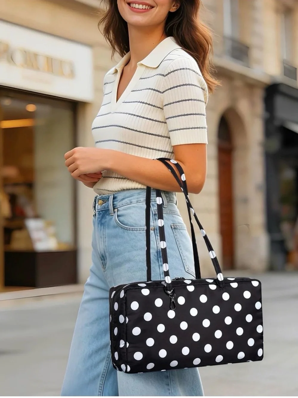 Nylon Polka Dots Bowler Bag/Shoulder Bag- FREE Bag Charm With Purchase